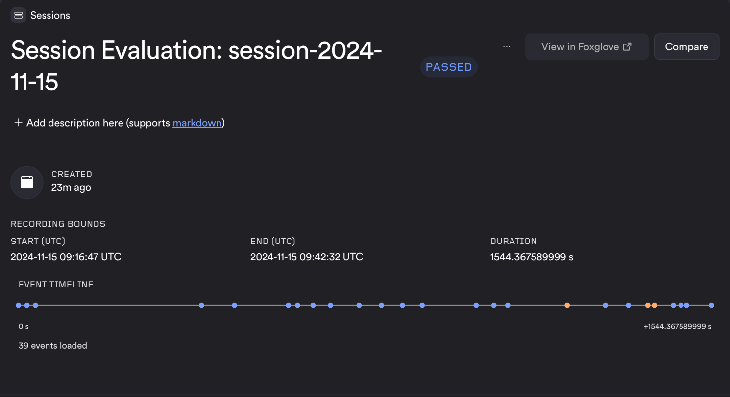 A session evaluation page showing the recording's start, end and duration above an event timeline of 39 events